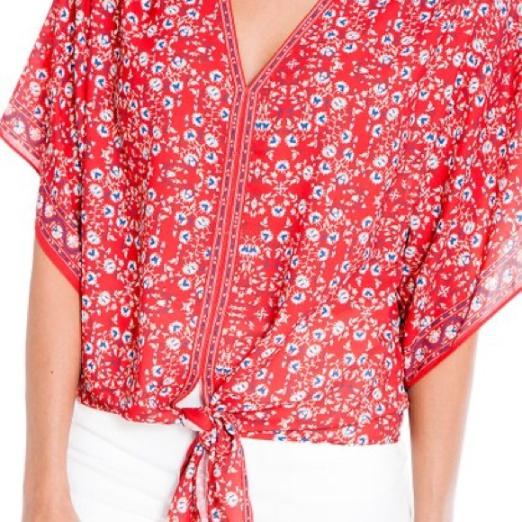 Max Studio Blouse V-Neck Front Tie Cape Sleeves Flattering Relaxed Lightweight - Picture 9 of 12